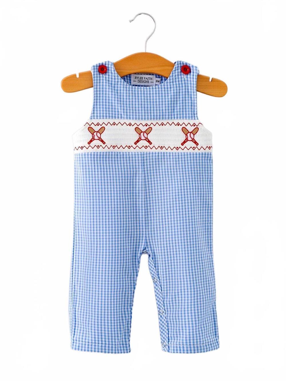 NEW RYLEE FAITH DESIGNS baby boy baseball smocked romper in blue plaid